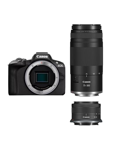 Canon EOS R50 System Camera + RF-S 18-45 mm + RF 75-300 mm Double Zoom Kit - Mirrorless Camera (Digital Camera with Auto Focus + Motif Detection for People Eyes Animals Vehicles 4K Video) Black