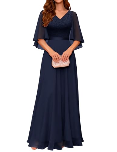 DRESSTELLS Abendkleider Damen Festlich Kleider für Hochzeit Dunkelblau Chiffon Cape Ärmel Ballkleid Elegant Lang Brautkleid Standesamt Partykleid mit V-Rücken Navy M