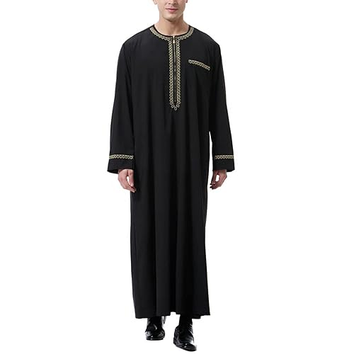 BeerMmay Herren Muslim Druck Kaftan Islamisch Royalty Dubai Robe O-Ausschnitt Lange Ärmel Retro Tuniken Abaya Lose Kandoura,Schwarz,XS