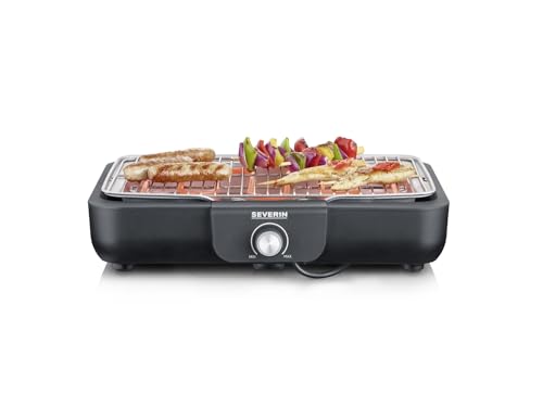 SEVERIN Tischgrill mit hochwertigem Edelstahl-Grillrost, für drinnen und draußen, 2.300 W, schnelle Aufheizzeit, Temperaturregelung thermostatgesteuert, schwarz, PG 8554