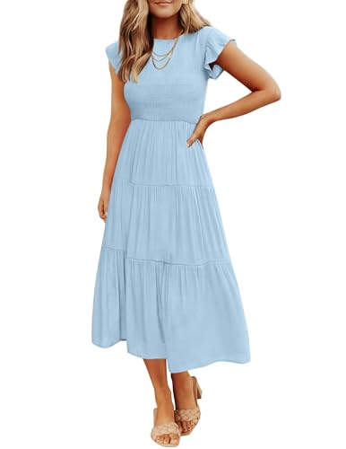 ZESICA Damen 2024 Sommer Casual Flattern Kurzarm Rundhalsausschnitt gesmokte elastische Taille gestuftes Midikleid, Blau, X-Groß