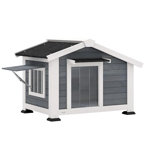 PawHut Hundehütte wetterfestes Hundehaus aus Holz mit herausnehmbarem Boden Asphaltdach öffnendem Fenster Türvorhang 98 x 76 x 69,5 cm Outdoor Hütte für mittelgroße Hunde bis 20 kg Indoor Outdoor Grau