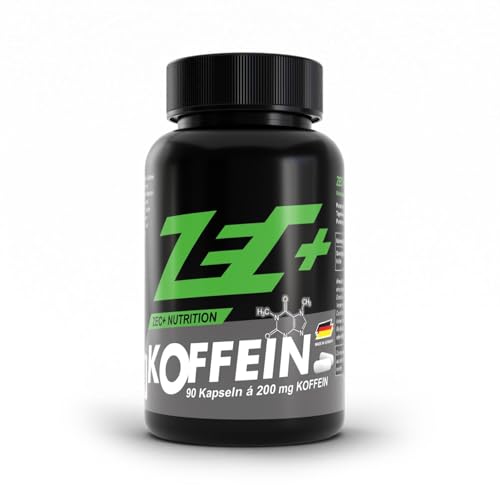Zec+ Nutrition Koffein Kapseln hochdosiert – 90 Kapseln mit 200 mg Koffein Pulver pro Kapsel, Coffein-Booster Made in Germany
