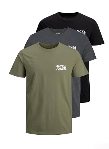 JACK & JONES Herren JJECORP Logo Tee SS Crew Neck 3er Pack Kurzarm T-Shirt, Pack C, DustyOlive/DGM/Black, XL