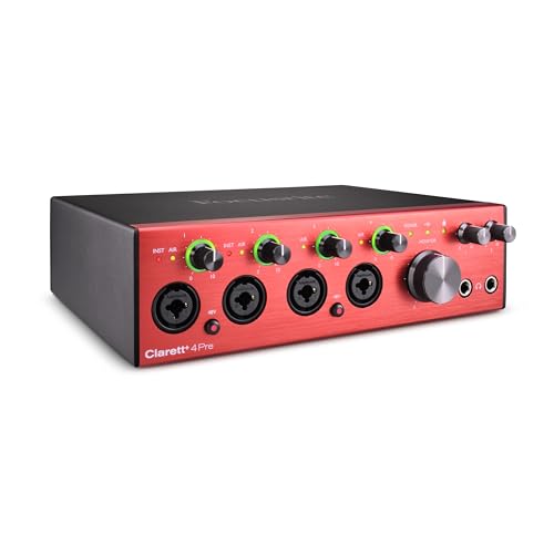 Focusrite Clarett+ 4Pre USB-Audio-Interface in Studioqualität für Musiker*innen – Hochwertige Aufnahmen über vier rausch- und verzerrungsarme Mikrofonvorverstärker für authentische Klangergebnisse