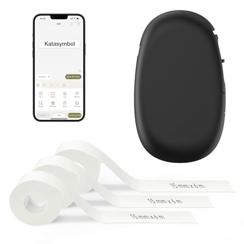 SUPVAN E10 Etikettendrucker Value Pack inkl. 3 Rollen wasserfeste Endlos-Etiketten (15 mm × 6 m/Rolle), schwarz