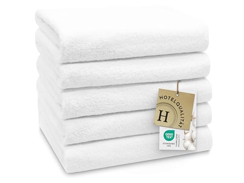 ZOLLNER 5er Set Duschtücher in 70x140 cm - weiche und saugstarke Handtücher in weiß - mit praktischem Aufhänger - waschbar bis 95°C - Baumwolle - Hotelqualität
