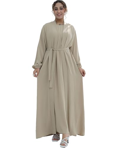 Zofocy Elegant Muslim Two-Piece Long Abaya - Belted Design, Side Pockets, Islamic Prayer Dress, Women Eid Clothes