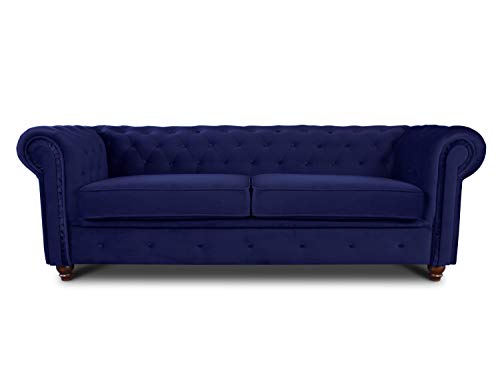 Sofnet Sofa Chesterfield Asti 3-Sitzer, Couch 3-er, Glamour Design, Couchgarnitur, Sofagarnitur, Holzfüße, Polstersofa - Wohnzimmer, Velours (Dunkelblau (Velvet 86))