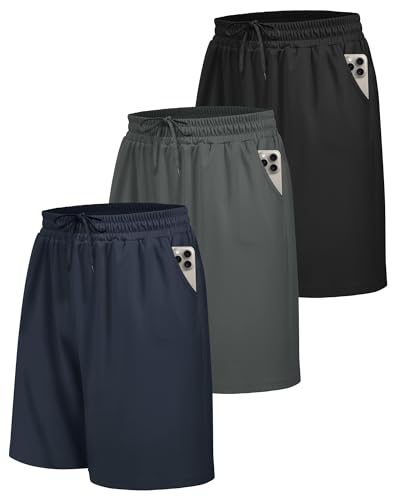 BOOJO 3er Pack Sporthose Herren Kurz Hosen mit Taschen Sport Shorts Schnell Trocknend Trainingshose für Gym Fitness(Schwarz/Dunkelgrau/Dunkelblau,L)