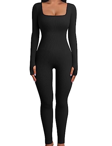 Yuson Girl Jumpsuit Damen Lang Sport Yoga Bodysuit Overall Stretch Jumpsuits Eng Quadratischer Hals Langarm Jumpsuit Einteiligem Workout Playsuits Sportkleidung Frauen Set(Schwarz, S)