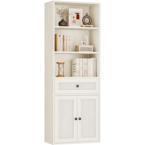Coleshome Bücherregal mit Türen und Schrank Regal mit 5 Ebenen, Stehendes Etagenregal mit Schubladen zur Aufbewahrung und Präsentation für Zuhause, Büro, Wohnzimmer, Schlafzimmer, Weiß, 48x24x164.2