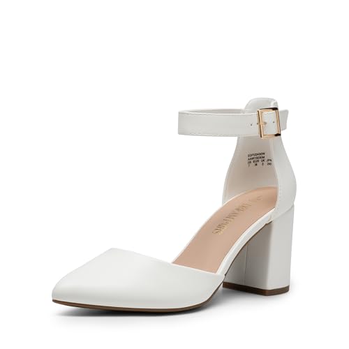 DREAM PAIRS Damen Pumps mit klobigen High Heels und Knöchelriemen, Elegante Schuhe Brautschuhe Party,Size 39,Weiss-Pu,SDPU2430W
