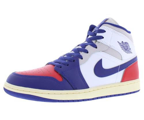Air Jordan 1 Mid Herrenschuhe (White/University Red/Neutral Grey/Deep Royal Blue), Weiß/Universitätsrot/Neutralgrau/Tiefkönigsblau, 43 EU