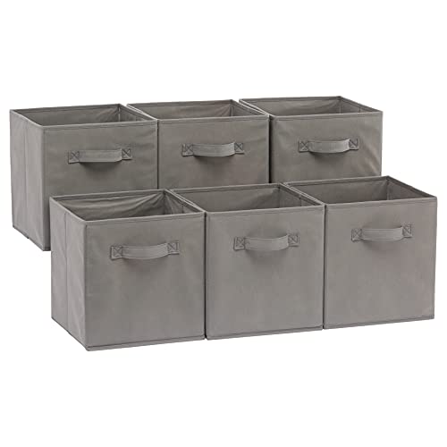 Amazon Basics Zusammenklappbarer Aufbewahrungswürfel/Organizer aus Stoff mit Griffen, 6 Stück, Einfarbig Grau, 26,6 x 26,6 x 27,9 cm