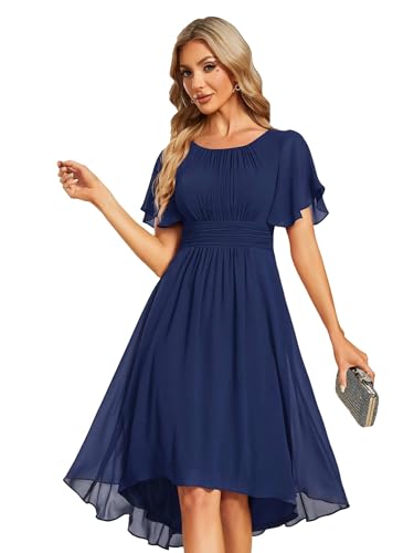 Ever-Pretty Cocktailkleid Elegant mit Rundhals Chiffon Abendkleid Kurz für Hochzeit als Gast Abschlussball Abendfeier Navy Blau 40