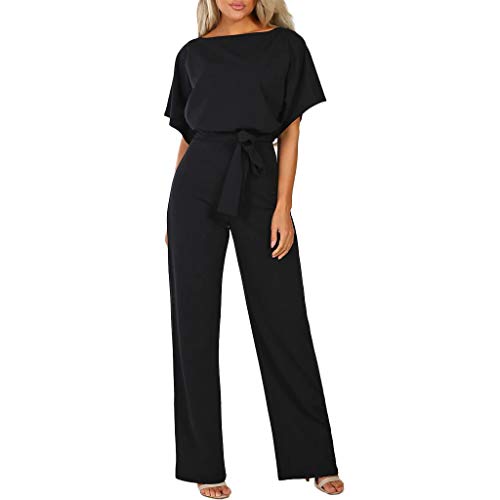 Jumpsuit Damen elegant Sommer Outfits Jumpsuits Overall Hosenanzug lang Zweiteiler Set hosenanzüge Einteiler rückenfrei sommerlicher Romper 2 teiler Frauen komplett sommeroutfit mit ärmel,Schwarz,L