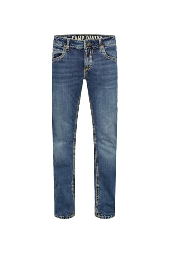 Camp David NI:CO Herren Jeans Regular Fit Used Blue | gerades Bein, mittlere Leibhöhe, Five-Pocket & Zip-Fly, kontrastreiche Steppnähte, Vintage-Waschung und komfortabler Stretch 32 32