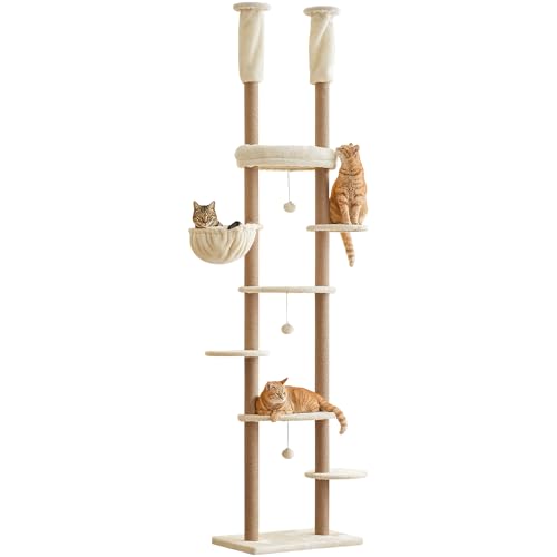 Quuzee Deckenhoher Katzenbaum 234-259 cm höhenverstellbar, 2-Säulen-Design mit 12 sisalumwickelten Pfosten, mehrstöckig mit weichen Liegeflächen, Hängematte, Plattformen & Spielball, Beige