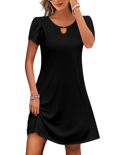 Zeagoo Kleider Damen Sommer Kurzarm Tunikakleid Casual Leichte Sommerkleider Knielang Shirtkleid Schwarzes Kleid XL