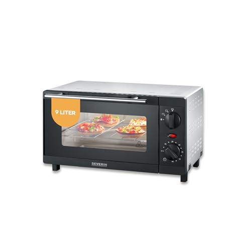 SEVERIN Mini Back- und Toastofen, kompakter Backofen inkl. Grillrost und Backblech, mit Ober- und Unterhitze, 800W, 9 L, silber /schwarz, TO 2052