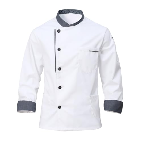 CoXuantion Herren Kochjacke Langarm Unisex Kochbekleidung Slim Fit Chef Uniform Modern Style Professional Kochjacke Cafe Bäckerjacke mit Knöpfe M,Weiß