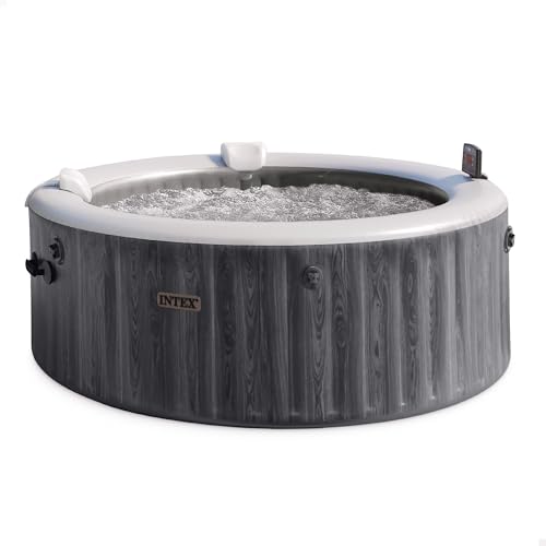 INTEX PureSpa Greywood Deluxe - Whirlpool für 4-Personen, mit grauer Holzmaserung, 140 Luftdüsen, 2200 W Heizung, mit LED-Beleuchtung, Wasserenthärtungssystem & App-Steuerung