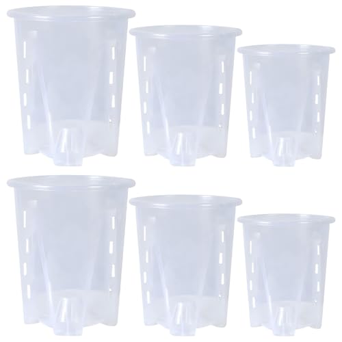 TSLBW 6 Stück Kunststoff Orchidee Pflanztöpfe, Transparente Blumentöpfe mit Drainageloch Atmungsaktiver Geschlitzter, Klare Orchideentöpfe für Sukkulenten Garten Balkon Drinnen Draußen (Mixed)