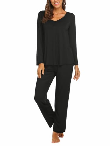 Ekouaer Schlafanzug Damen Lang Pyjama Set Kuschelig Nachtwäsche Zweiteiler Herbst Schlafanzüge Langarm Hausanzug Schwarz XL