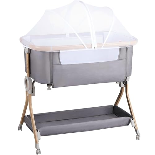 Larex Beistellbett Baby,3 in 1 Babybett mit Moskitonetz,Aufbewahrungstasche & Korb,5-stufig Höhenverstellbares Babybett,4 Räder mit Bremse,atmungsfreundliche Matratze & Mesh (Dunkelgrau)