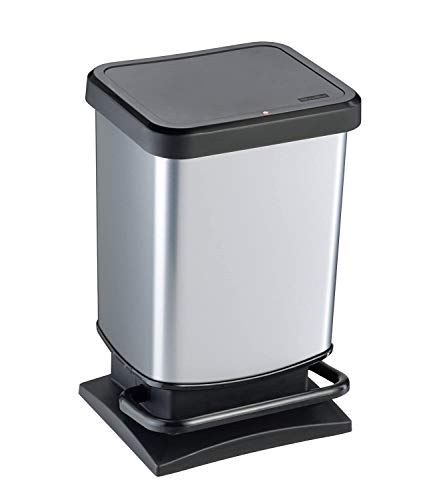 Rotho Paso Mülleimer mit Deckel 20l | Tretmülleimer in Edelstahloptik für Küche, Bad, Werkstatt | mit Soft-Close-Deckel für leises Schließen | breites Pedal | leicht zu reinigen | silber metallic