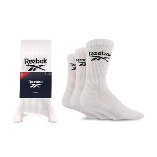 Reebok Hohe Socken Unisex Core Crew – Bequem, mit Fußgewölbeunterstützung, atmungsaktive Baumwolle, für Laufen, Sport, Alltag, Yoga, Fitness, waschbar, 3 Paar, Größe 40-42, Weiß
