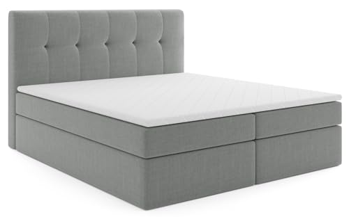 MRGROUP Boxspringbett mit Bettkasten PATRYCJA 160 x 200 cm geflechtes Stoff Polsterbett mit Bonell-Matratze und Topper Doppelbett mit Stauraum Bett für Schlafzimmer Gepolstertes Kopfteil, H3 hellgrau