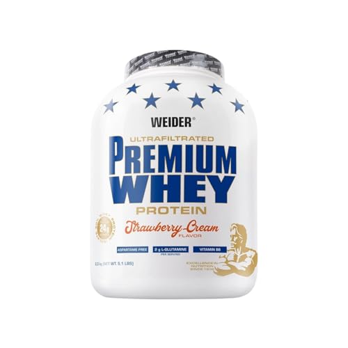 Weider Premium Whey Protein Pulver, unverschämt leckeres Eiweißpulver mit Isolat für Muskelaufbau mit hohem Anteil an EAA, BCAA und freiem L-Glutamin, perfekte Löslichkeit, Erdbeer-Creme, 2,3kg