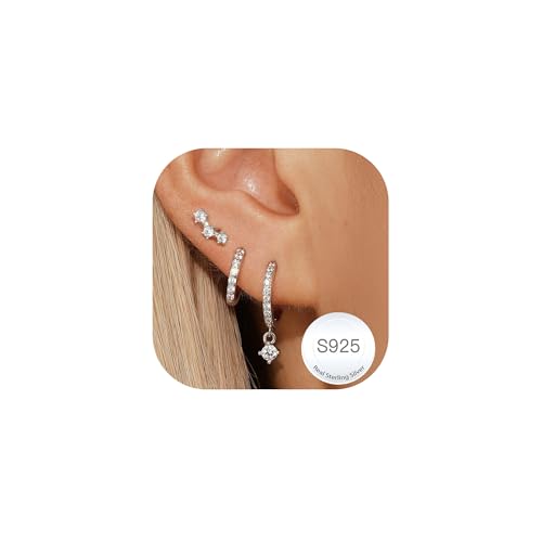 Halora Valentinstag Ohrringe Silber 925 Set Damen Kleine Creolen Ohrstecker Silber Hypoallergen Stapelbar Ohrringe Stecker Creolen Set Gifts Round Diamond Earrings for Women