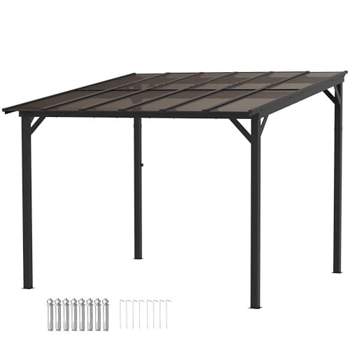Outsunny Terrassenüberdachung ca. 3x3m freistehende Terrassendach mit schrägen Polycarbonat-Dach Aluminium Überdachung Pergola zur Wandmontage Pavillon für Terrasse, Veranda, Hinterhof Dunkelgrau