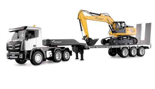 Amewi 2-in-1 Set LKW mit Tieflader und Bagger 1:24 RTR ferngesteuert RC Baustelle Kinder 8 Jahre, Anthrazit-schwarz-gelb
