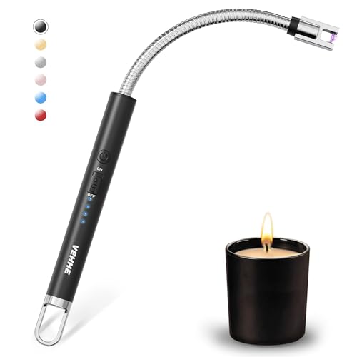 VEHHE Lichtbogen Feuerzeug Elektrisch, USB Aufladbares Elektro LED-Display Stabfeuerzeug Langer Flexibler Hals Geeignet für Küche,Kerzen,Gasherde,Grill Schwarz