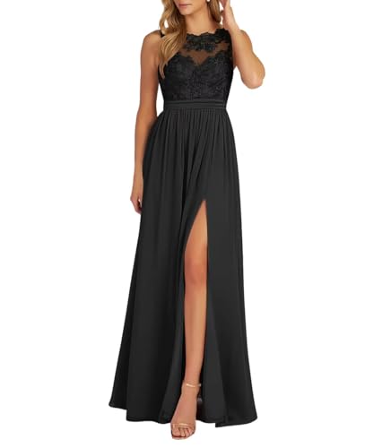 Damen Spitzen Chiffon Ballkleid Lang Neckholder Brautjungfernkleider A-Linie Formelle Abendkleid mit Schlitz