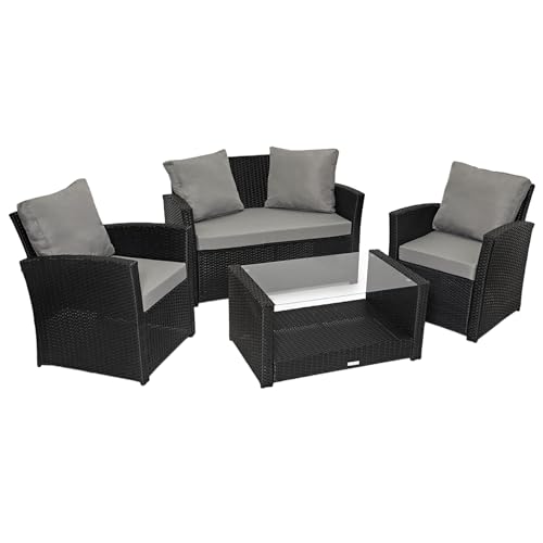 SVITA Roma Polyrattan Lounge Rattan Garten Möbel Set mit Sofa und Sessel Gartenlounge Essgruppe mit Tisch Schwarz