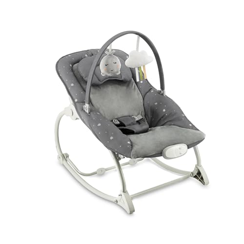 MoMi Babywippe LAPIS für Babys bis 12 kg, Batteriebetrieb, 3-Punkt-Sicherheitsgurt, Bügel und 2 Spielzeuge, 3-fach verstellbare Rückenlehne, 8 Melodien, Lautstärkeregelung, 3 Vibrationsmodi