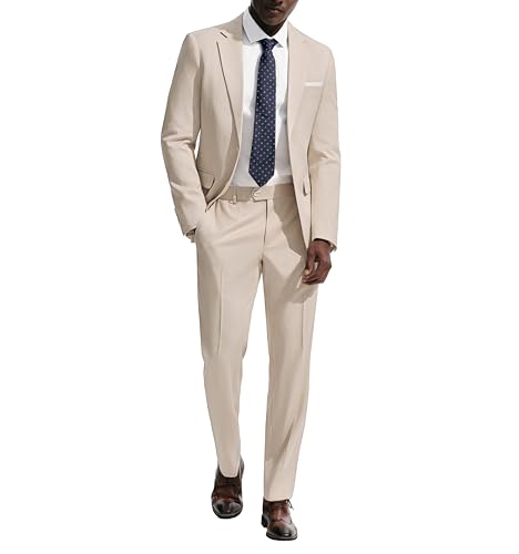 PJ PAUL JONES Herren 2 Teilig Business Hochzeitsanzug Regular Fit Herrenanzug Klassisch Anzug-Set Modisch Suits Blazer Hose Anzughose 2-Knopf Weihnachts Kostüm, Aprikose, L