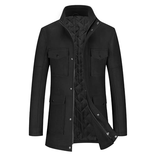 Allthemen Herren Mantel Regular Fit Wintermantel mit Stehkragen Kurzmantel Mittellang mit Reißverschluss Schwarz XL
