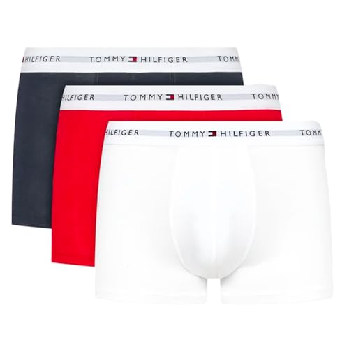 Tommy Hilfiger Herren 3er Pack Boxershorts Trunks mit Logobund, Mehrfarbig (Desert Sky/White/Primary Red), L
