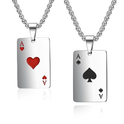 2 Stück Necklace Men Edelstahl Silber Kette Männer Chain Halskette Herren Kette Schmuck Schmuck Stilvolle Accessoires für Hip Hop Rock Gothic Punk Straße Antisepsis Antioxidans (Herz Ass,Pik Ass)