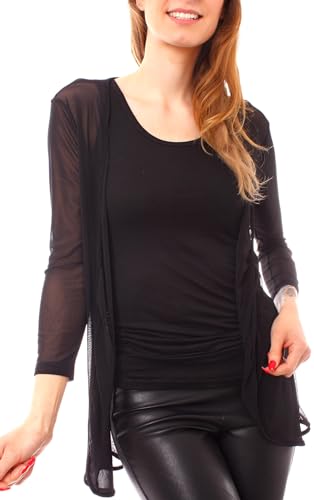 Easy Young Fashion - Damen Mesh Cardigan zum binden - transparentes Langarm Jäckchen - leichte Netz Jacke - Cover up 7058 - Schwarz