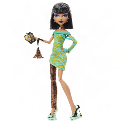 Monster High Cleo De Nile Sammlerpuppe – Reproduktion | Boo-riginal Creeproduction Cleo De Nile mit Party-Outfit, Tasche, Fotos, Einladung, Puppenständer, JKM47