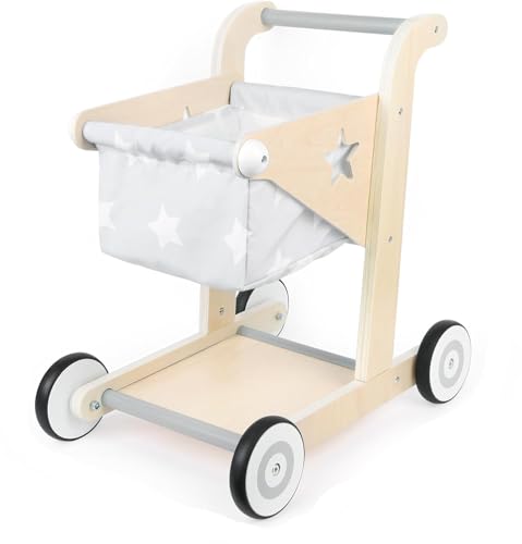 Asweets 2-in-1 Lauflernwagen Holz, Puppenwagen zum Schieben und Ziehen, Baby Walker, Kleinkindspielzeug, Geschenk für Kleinekinder ab 12 Monate+ (Grau)