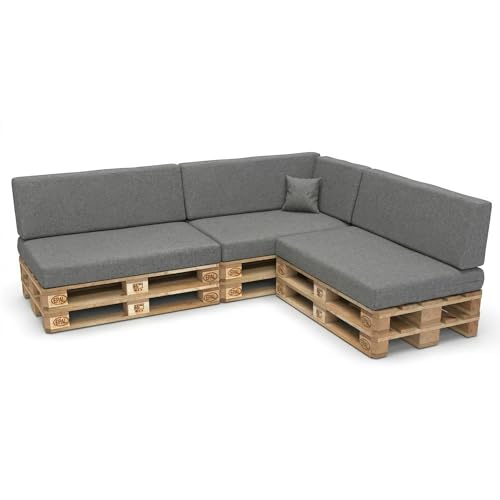 Best Wool Palettenkissen Set Wetterfest – 8er Set für Europaletten, 3X Sitzkissen 120 x 80 cm + 3X Rückenkissen 120 x 40 cm + Seitenkissen 60 x 40 cm + Dekokissen 40 x 40 cm, Dunkelgrau