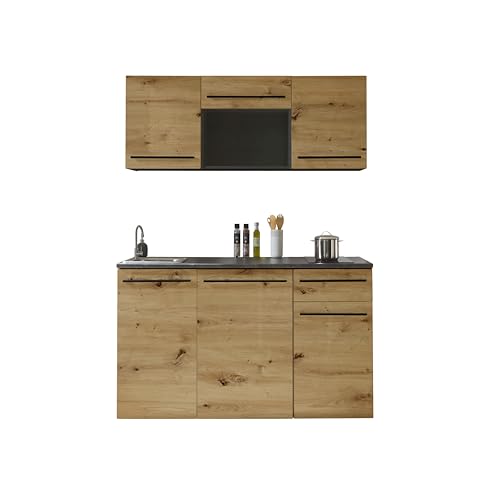 Stella Trading Jazz Single Moderne Küchenzeile mit Elektrogeräten in Anthrazit, Artisan Eiche Optik - Geräumige Einbauküche mit viel Stauraum - 160 x 212 x 60 cm (B/H/T)